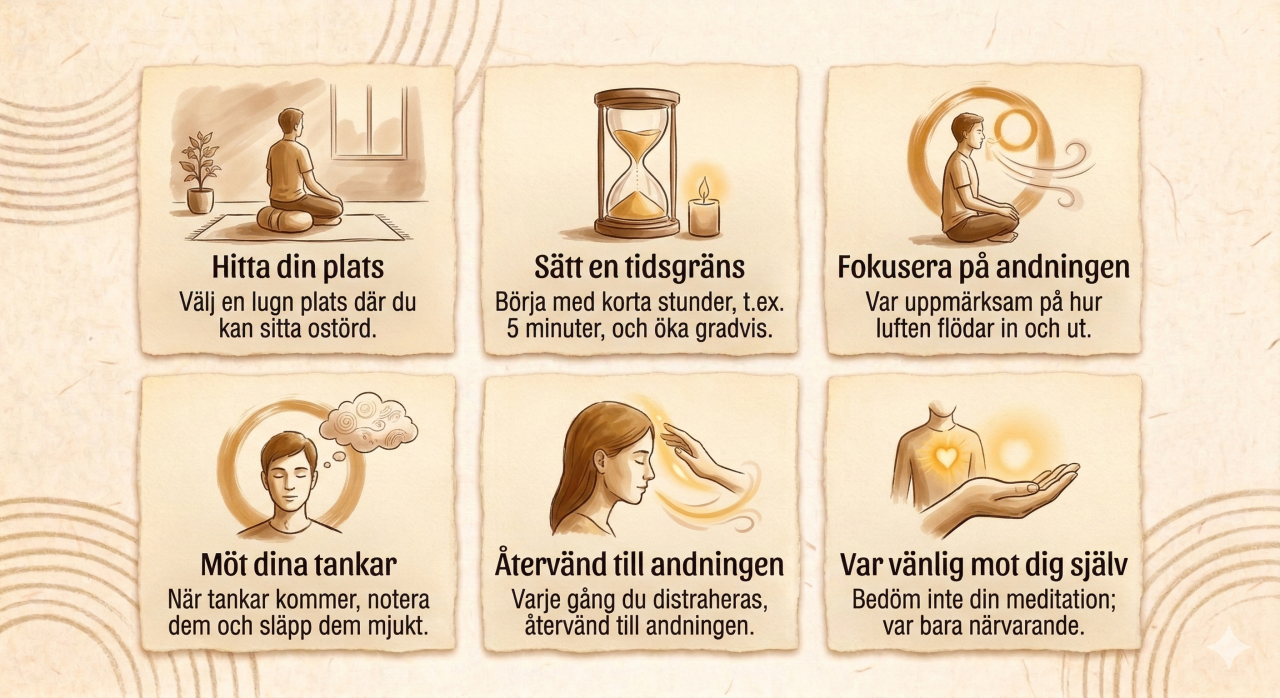 Infografik från Lindblom Academy - Inner Spirit Light i Västerås med 6 steg för att börja meditera: Skapa din oas, andetaget som ankare, släpp alla krav, konsten att börja om, kvalitet före kvantitet och ta med dig ron.
