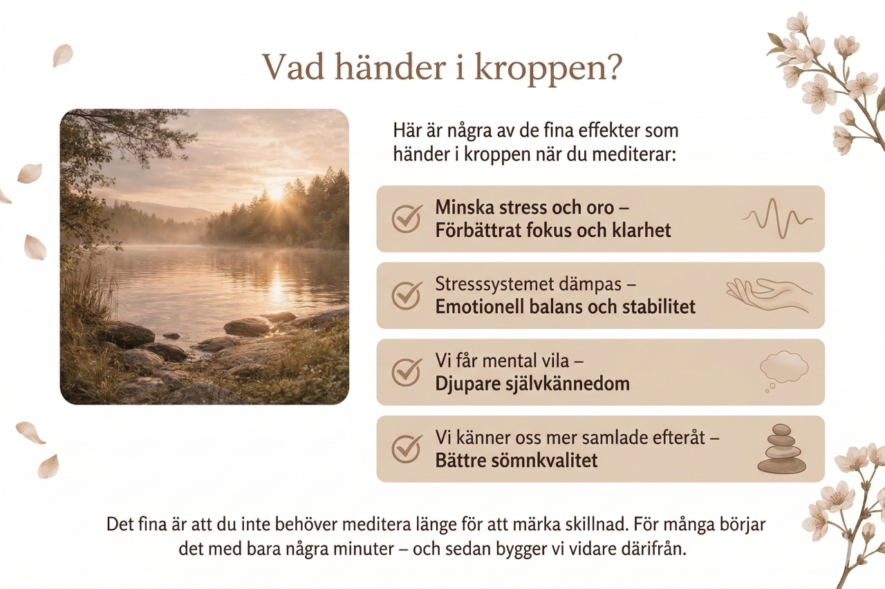 Infografik från Lindblom Academy - Inner Spirit Light i Västerås som förklarar vad som händer i kroppen vid meditation: lugnare andning, släppta spänningar i käkar och axlar, dämpat stressystem, mental vila och en mer samlad känsla.