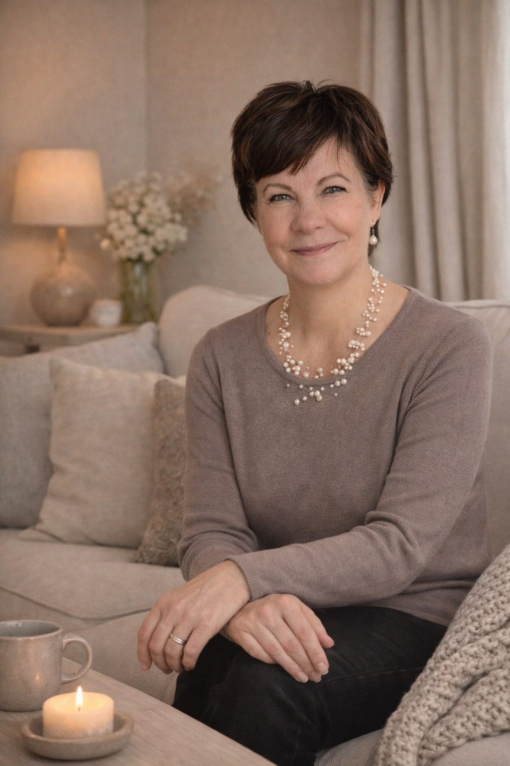 Porträtt av Helena Lindblom, grundare av Lindblom Academy - Inner Spirit Light. Hon sitter i en harmonisk och mjukt upplyst miljö och förmedlar det lugn och den trygghet som genomsyrar hennes kurser i meditation och mediumskap.