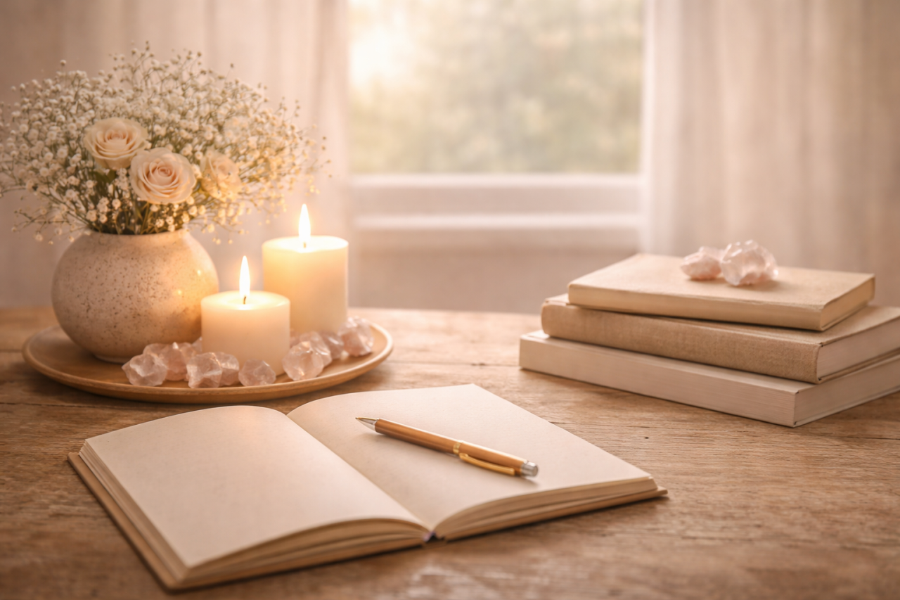Ett stämningsfullt stilleben på ett träbord med en öppen anteckningsbok och en guldfärgad penna i förgrunden. Till vänster syns en vas med rosor och brudslöja, två tända blockljus och rosakvarts-kristaller. Till höger en stapel med böcker. I bakgrunden ett fönster med skira gardiner och varmt solljus.