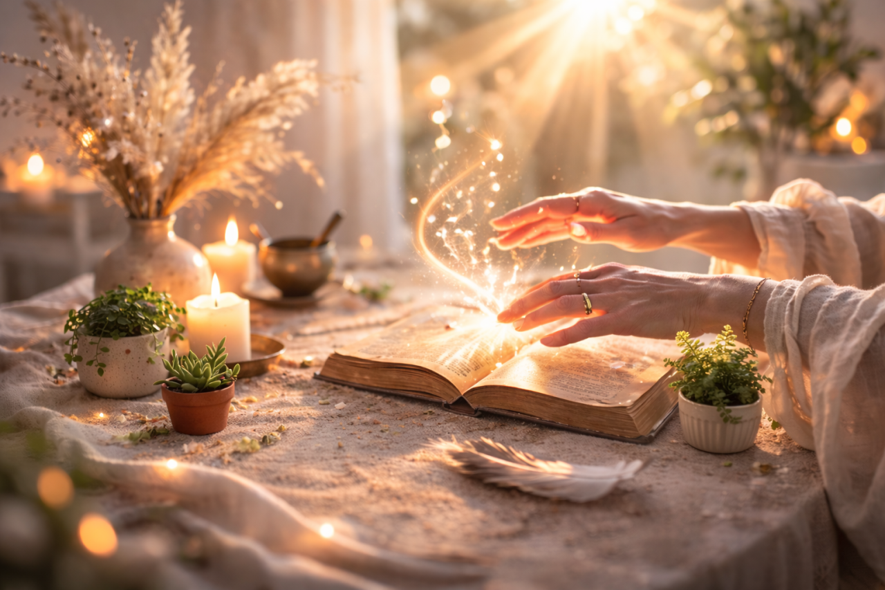 En öppen gammal bok på ett bord upplyst av mjukt solljus och levande ljus. Två händer vilar lätt ovanför sidorna där ett mjukt, glittrande ljus skapar en harmonisk och rofylld atmosfär för reflektion.