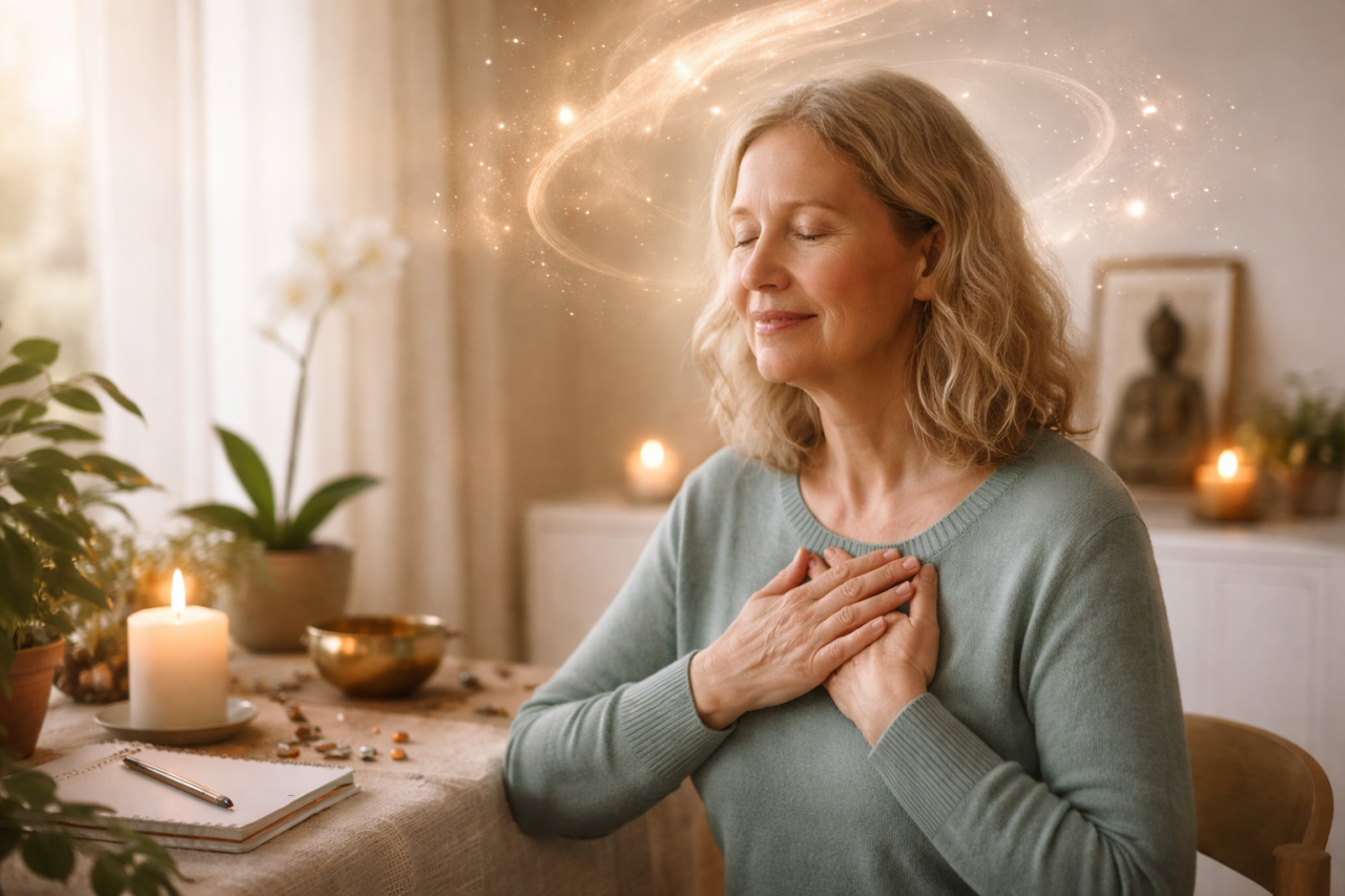 En kvinna sitter med slutna ögon och händerna vilande mjukt mot hjärtat i ett varmt upplyst rum. Vid hennes sida syns ett tänd ljus, en sjungande skål och en anteckningsbok. Runt hennes huvud svävar ett mjukt, glittrande ljussken som förmedlar en känsla av inre lugn och ro.