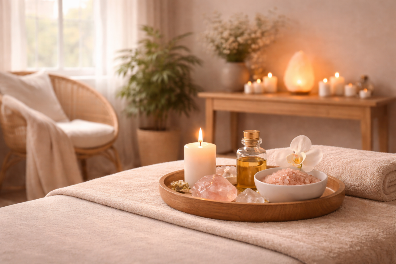 En detaljerad närbild av en träbricka placerad på en behandlingsbänk, med ett tänt ljus, en flaska olja, rosa badsalt och stora råa rosenkvartskristaller. I den varma, mjukt oskarpa bakgrunden syns en rottingstol, inomhusväxter och ett bord med fler ljus och en saltlampa.