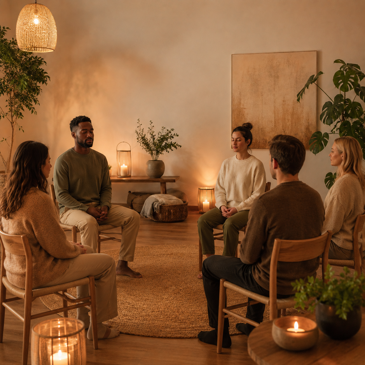 Lär dig mer om meditation hos Lindblom Academy Meditationskväll i Västerås där en grupp personer sitter på stolar i stillhet och meditation i en varm och rofylld miljö.