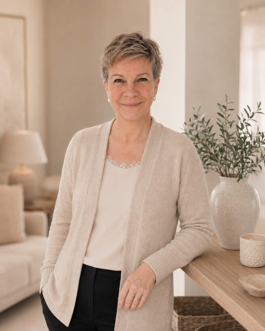 Porträtt av Helena Lindblom, grundare av Lindblom Academy i Västerås. Hon sitter i en harmonisk miljö och förmedlar det lugn och den trygghet som genomsyrar hennes kurser i meditation, healing och mediumskap.