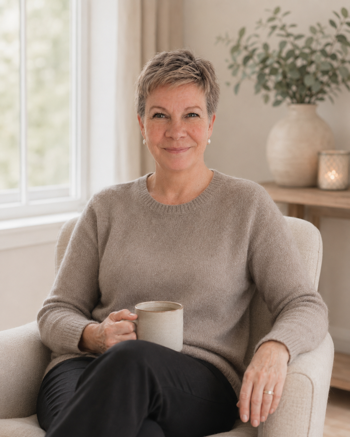 Porträtt av Helena Lindblom, grundare av Lindblom Academy - Inner Spirit Light. Hon sitter i en harmonisk och mjukt upplyst miljö och förmedlar det lugn och den trygghet som genomsyrar hennes kurser i meditation och mediumskap.