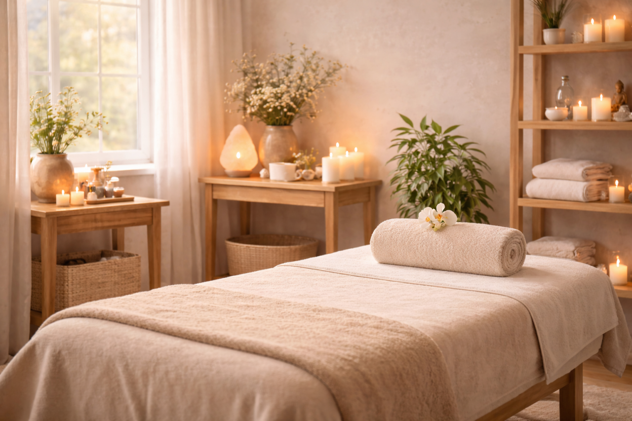 Inbjudande rum för andlig healing med en behandlingsbänk, blommor och dämpad belysning från levande ljus.