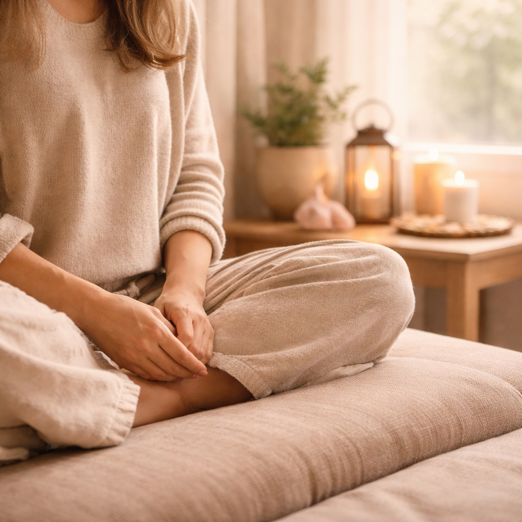 En närbild av en hand som varsamt tar emot en hjärtformad kristall under en healingbehandling. Händerna vilar på en mjuk, sandfärgad filt vid Lindblom Academy.