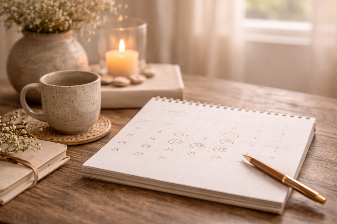 En stämningsfull närbild på en öppen kalender med inringade datum, en penna, en kaffekopp och ett tänt ljus på ett rustikt träbord – symboliserar den noggranna planeringen av kursdatum hos Lindblom Academy.