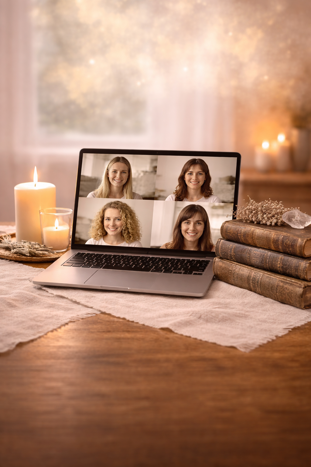 En bärbar dator på ett träbord visar ett online-mediumskapsseminarium med fyra kvinnliga deltagare som pratar och ler. Bordet är andligt inrett med tända ljus, torkad salvia och gamla läderböcker. Bakgrunden är varm och mjuk med ett fönster.