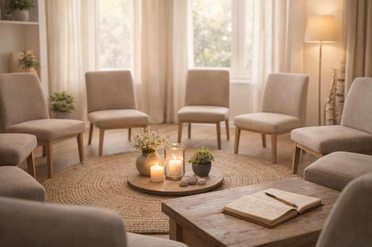 En varm och inbjudande bild från den trygga och professionella utbildningslokalen hos Lindblom Academy i Västerås. Beige mötesstolar är arrangerade i en stödjande cirkel runt en central matta med tända ljus, växter och ett öppet anteckningsblock med en penna. Naturligt solljus skapar en lugn atmosfär för mediumutbildning.