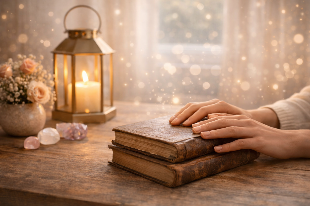 Foto av en kvinna i krämvit tröja som sitter med slutna ögon vid ett bord, mittemot en annan deltagare (vars bakhuvud syns). Hon ser fokuserad ut och håller händerna nära ett tänd vitt ljus på bordet. Moodet är lugnt och harmoniskt. Stor vit textöverlagring i det övre vänstra hörnet som säger 'MEDIUMKURS'.