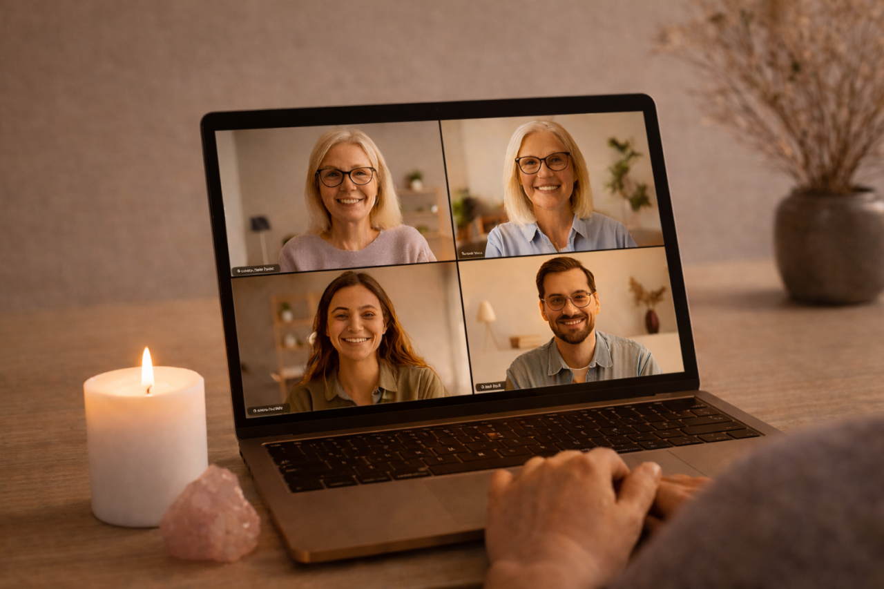 En bärbar dator på ett träbord visar ett videosamtal med fyra leende deltagare. En person (ryggen mot kameran) använder datorn. Bredvid står ett brinnande vitt ljus och en rosa kristall. Bakgrunden är mjuk med torkade blommor. Bilden illustrerar hur en online-kurs i mediumskap genomförs