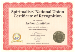 Helena Lindbloms lärarcertifikat CSNU(t) från Spiritualists’ National Union.