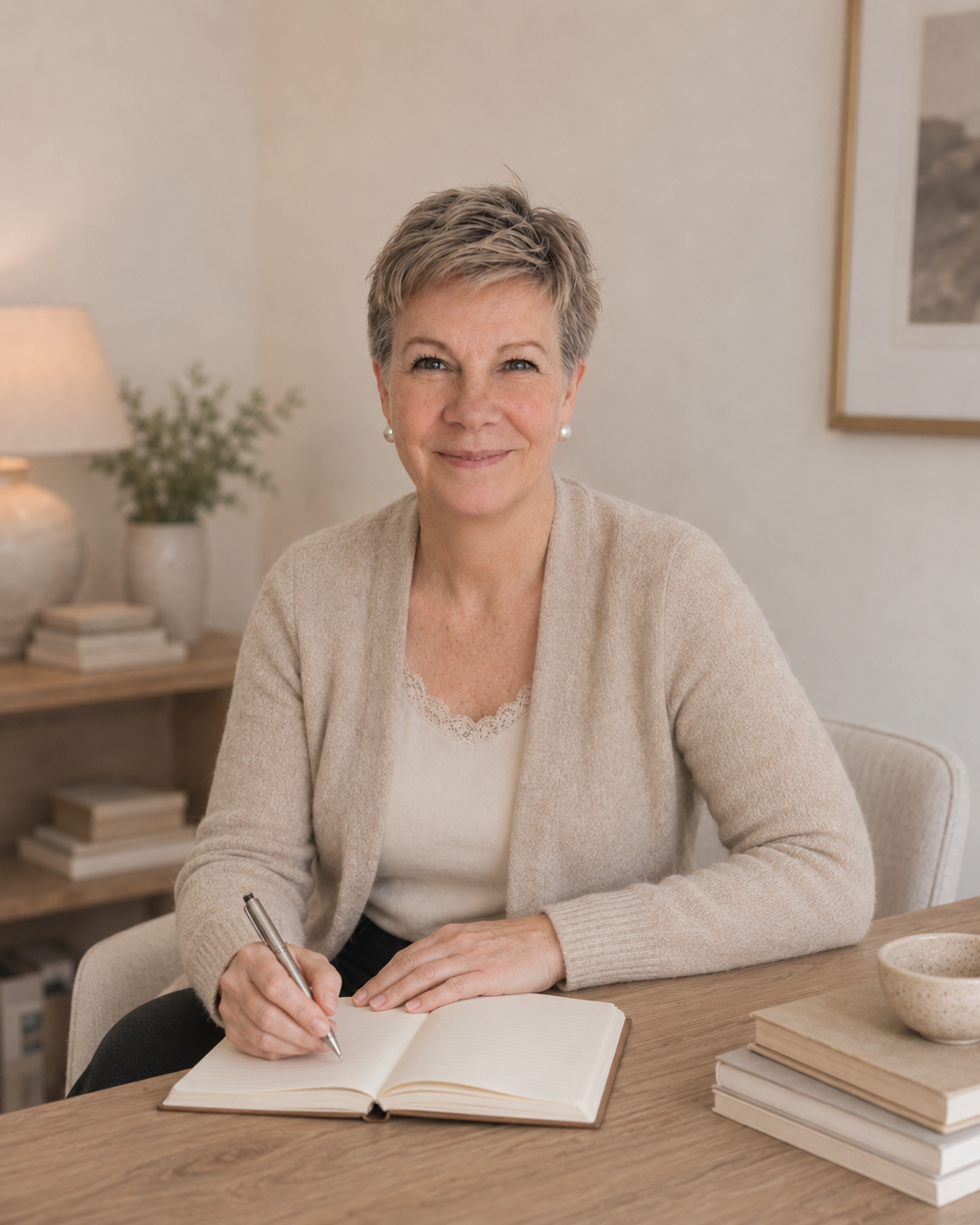 Professionellt porträtt på Helena Lindblom, grundare av Lindblom Academy, sittandes i en trygg och rofylld miljö med tända ljus.