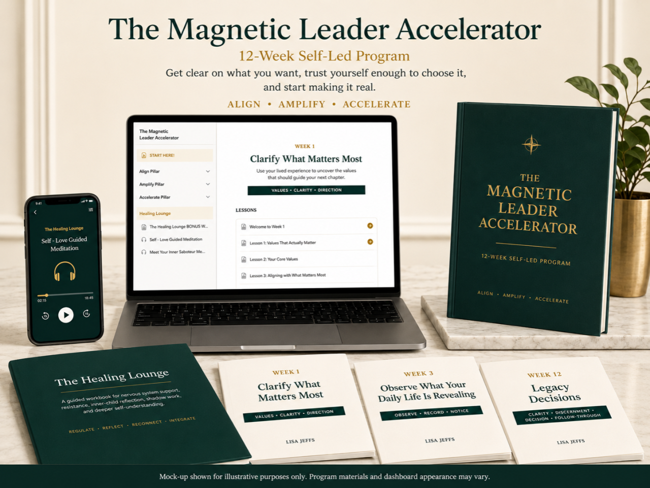 The Magnetic Leader Accelerator self-led program, including the course portal, Healing Lounge, guided meditation, and weekly materials.
