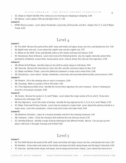 Piano Program Music Theory curriculum