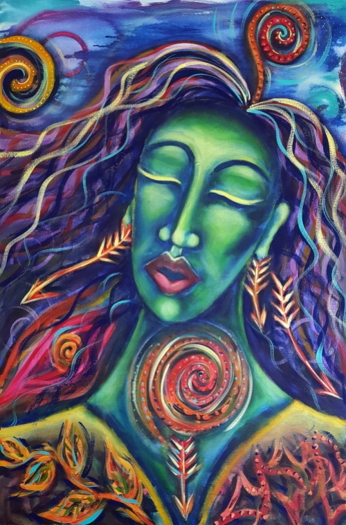 Wendy Hartley - Intuitive Art and Energy Healing - Roar and Be Heard, original art Colourful acrylic intuitive painting of a woman with green skin and energetic healing symbols.
