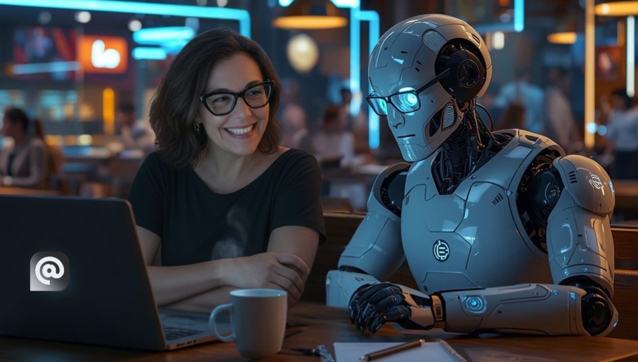 Professora e robô lado a lado em café futurista, cocriando um curso online no laptop — colaboração humano-IA.