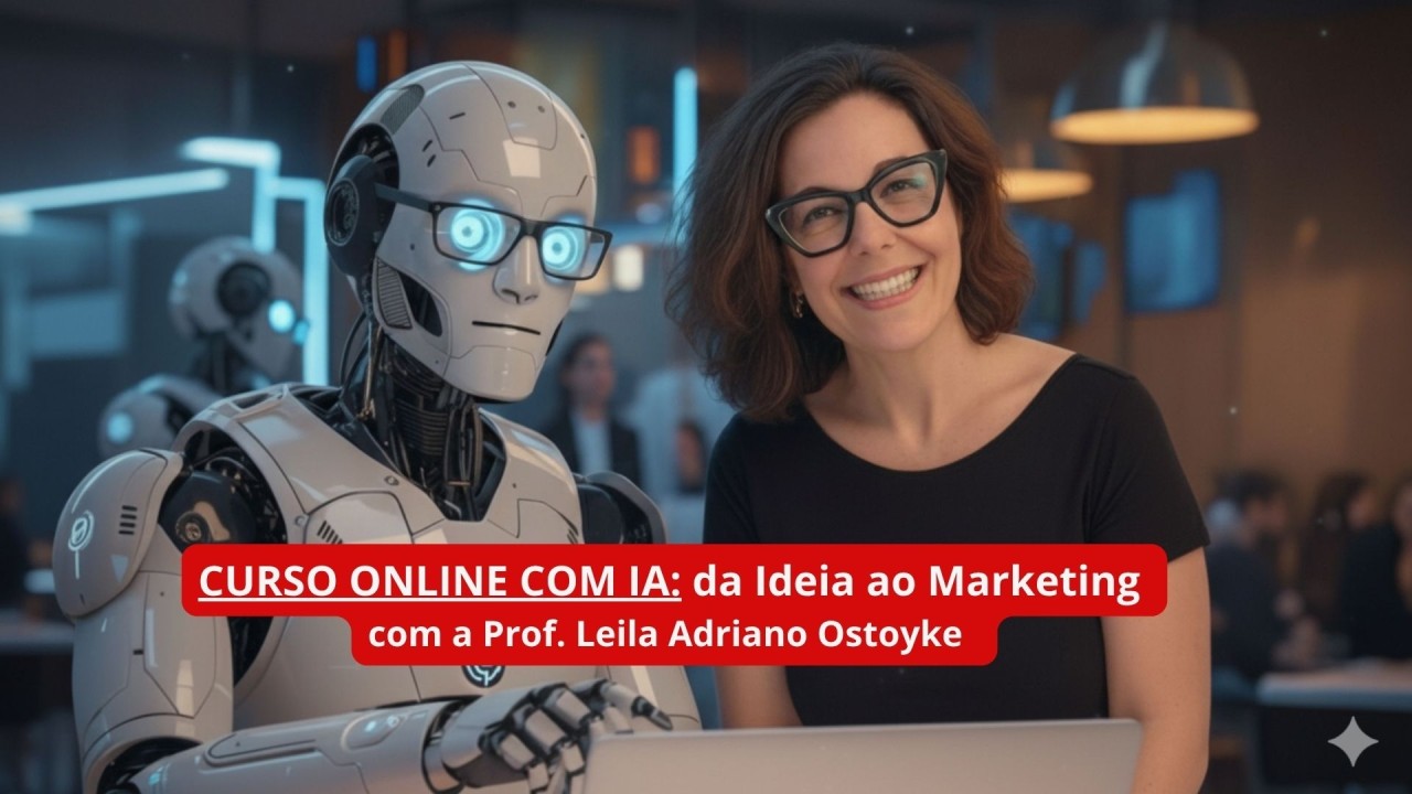 Professora e robô lado a lado em café futurista, cocriando um curso online no laptop — colaboração humano-IA.