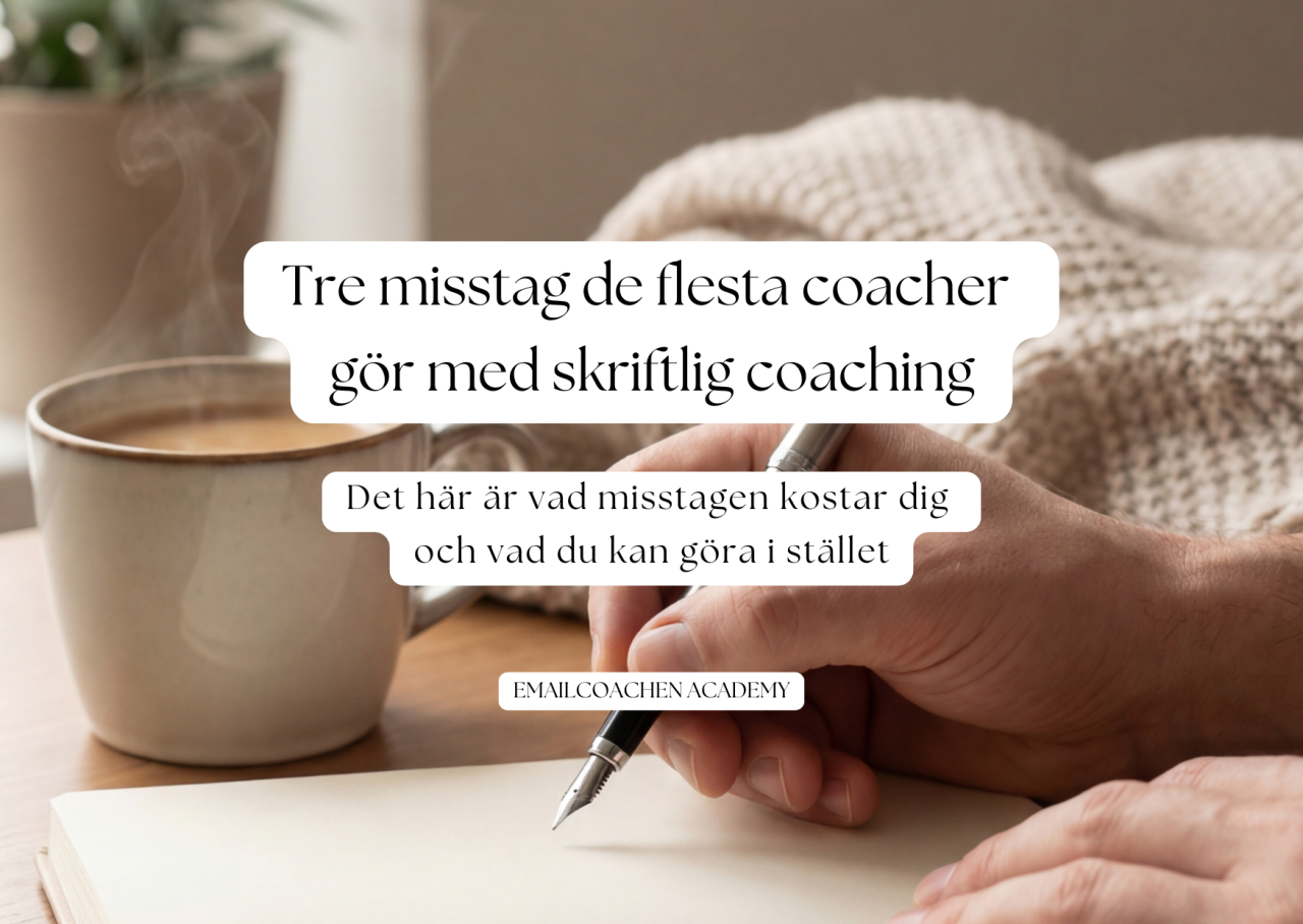 Coach skriver för hand i anteckningsbok med kaffe i bakgrunden – artikel om skriftlig coaching från Emailcoachen Academy
