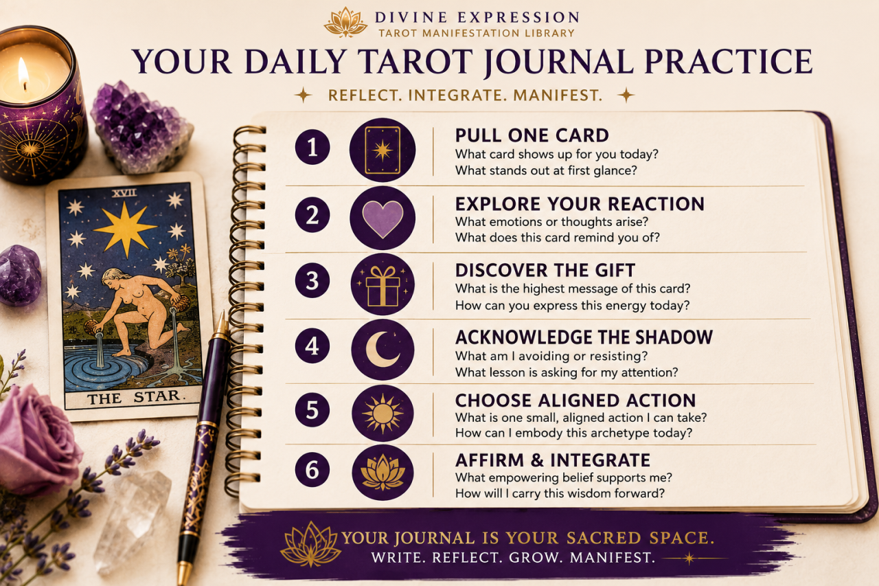 A journal page beside a tarot card with prompts for reflection, gift, shadow, affirmation, and aligned action.