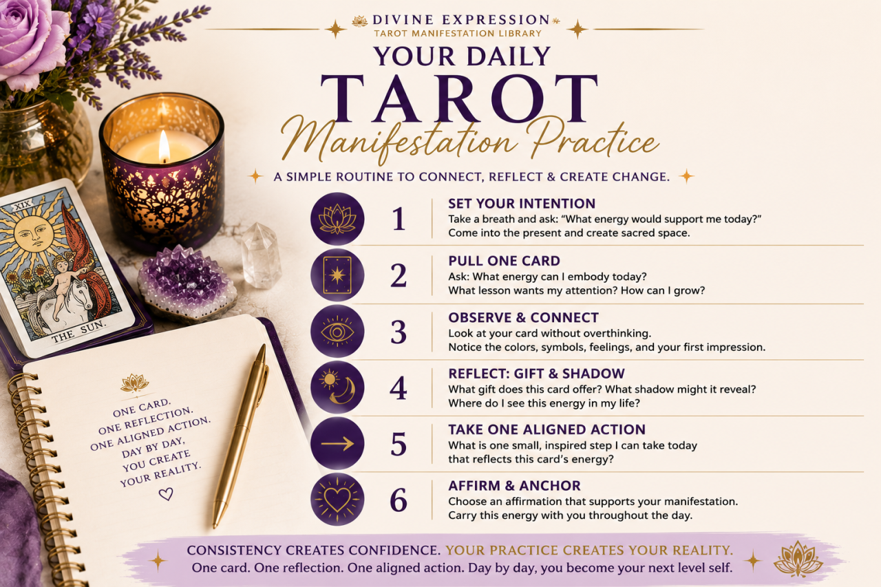 A simple five-step daily tarot manifestation routine with large, easy-to-read prompts beside a journal, tarot card, candle, and crystals.