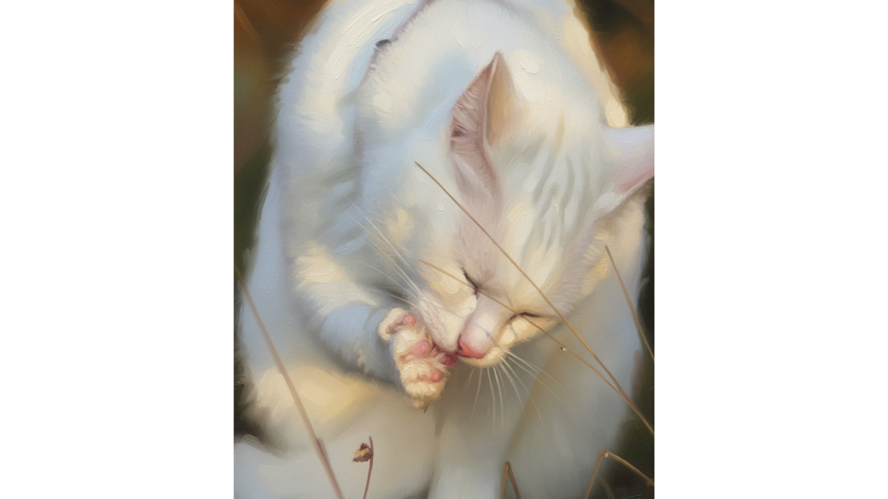 Valkoinen kissa pesee tassua