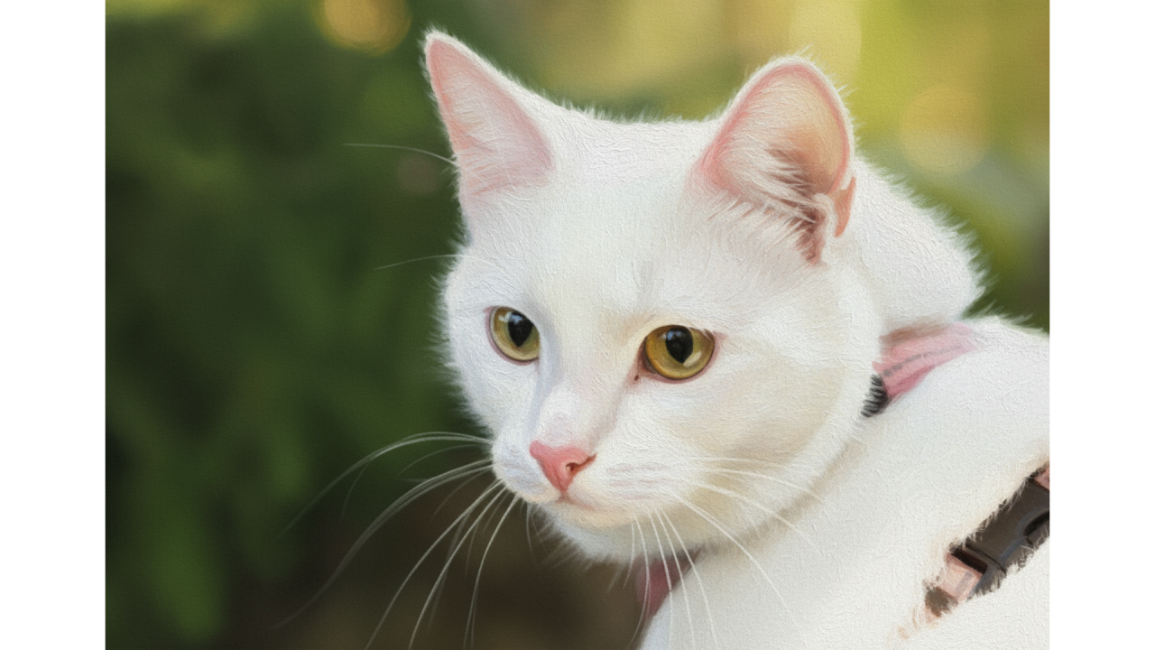 Valkoinen kissa valjaissa