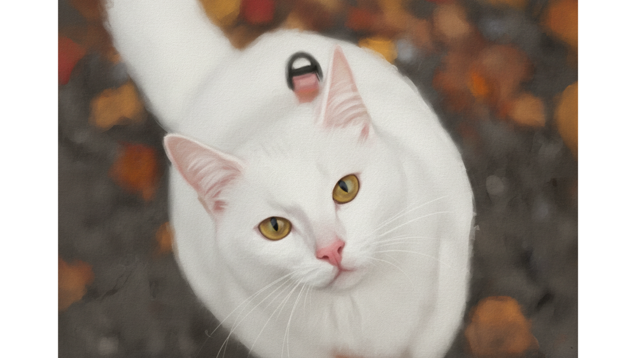 Valkoinen kissa katsoo kameraan