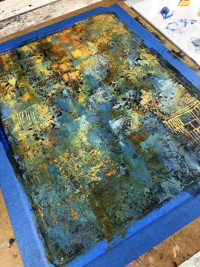 Detail of expressive figure painting in cold wax and oils showing layered texture and mark-making