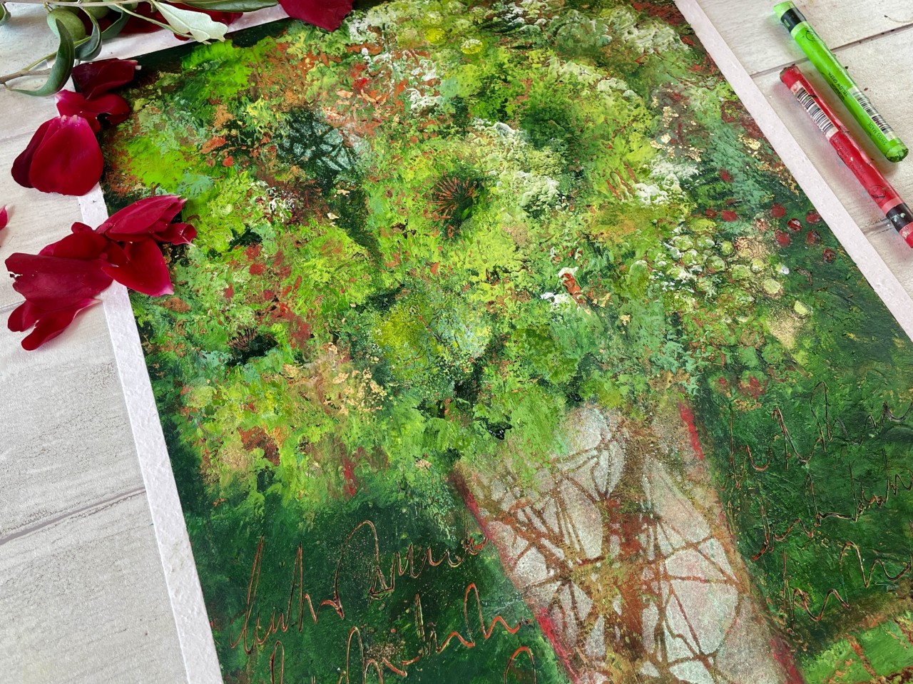 Flourish flowers in acrylics and Powerwax cold wax medium