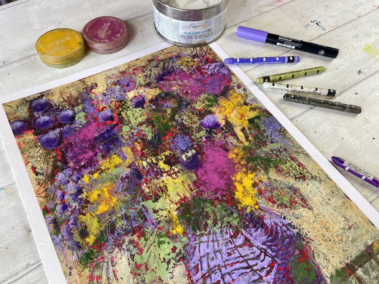 Abstract flower painting in acrylics with Powerwax