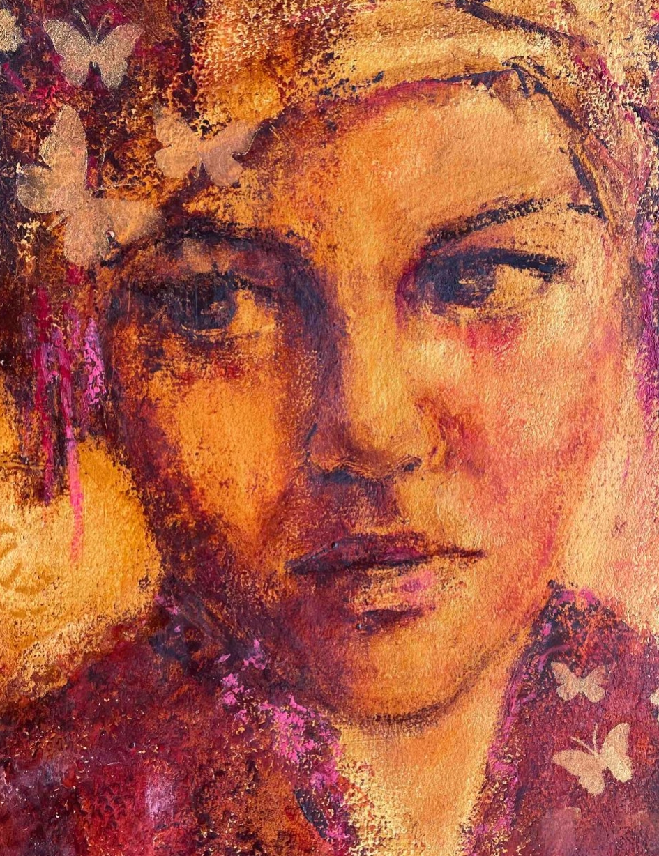 Golden portrait painting in cold wax and oils