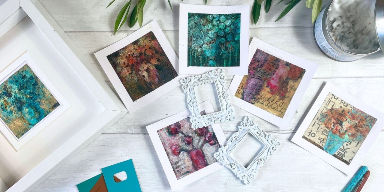 Mini flower paintings with layered textures made using Powerwax, heavy gel medium, or cold wax and oils