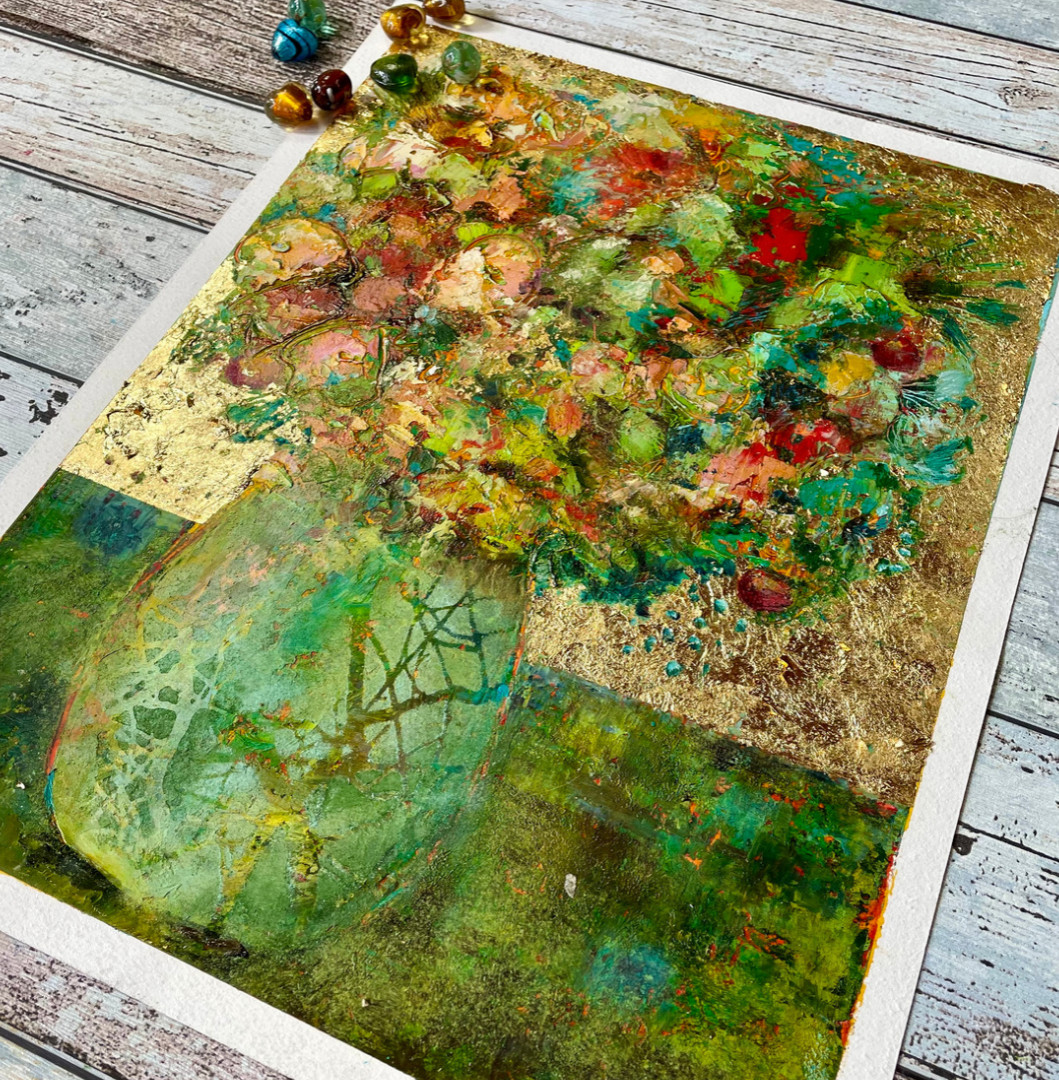 Cold wax medium painting detail showing layers and texture