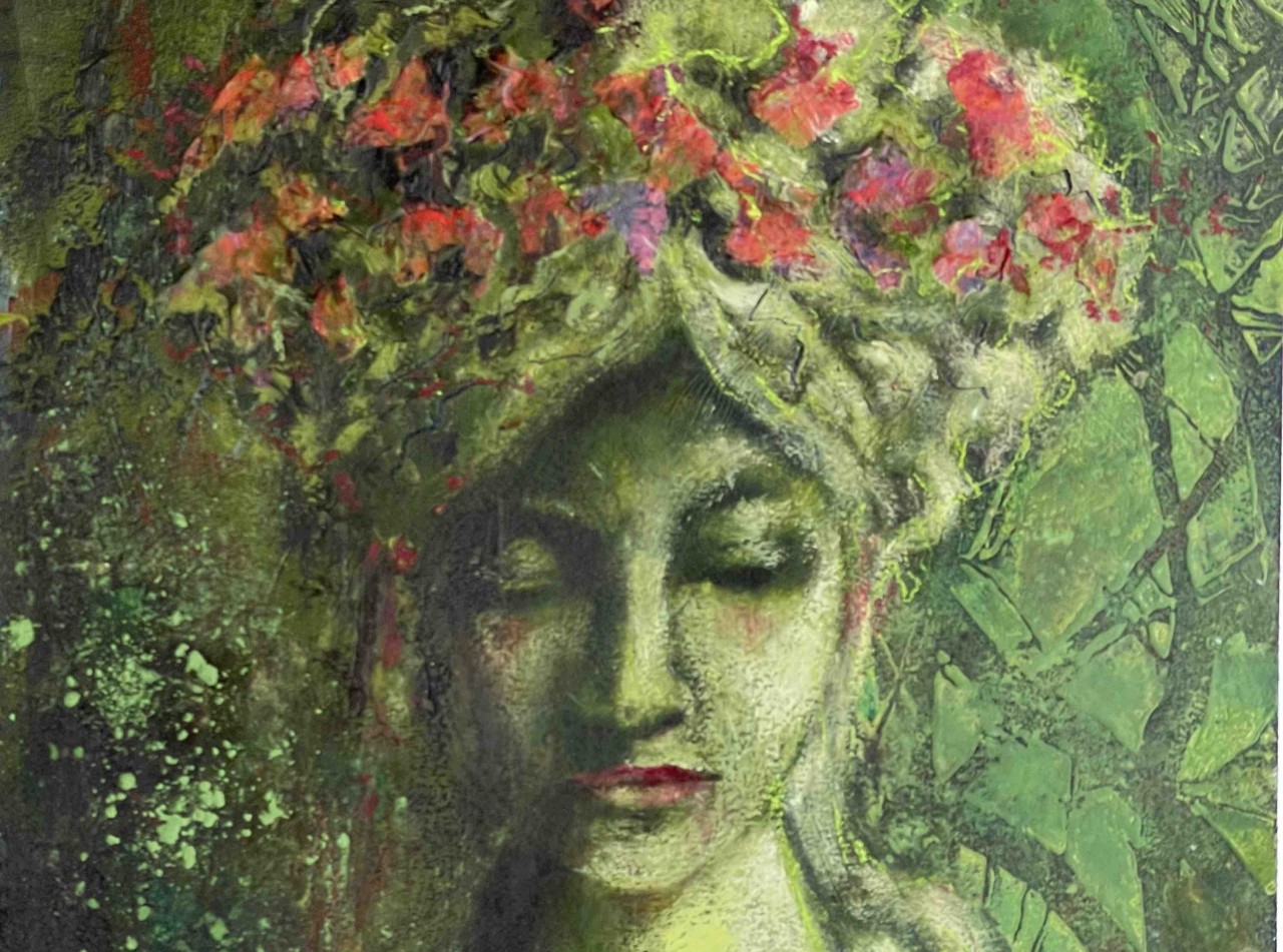 Adding colour and collage elements to a statue portrait in cold wax and oils