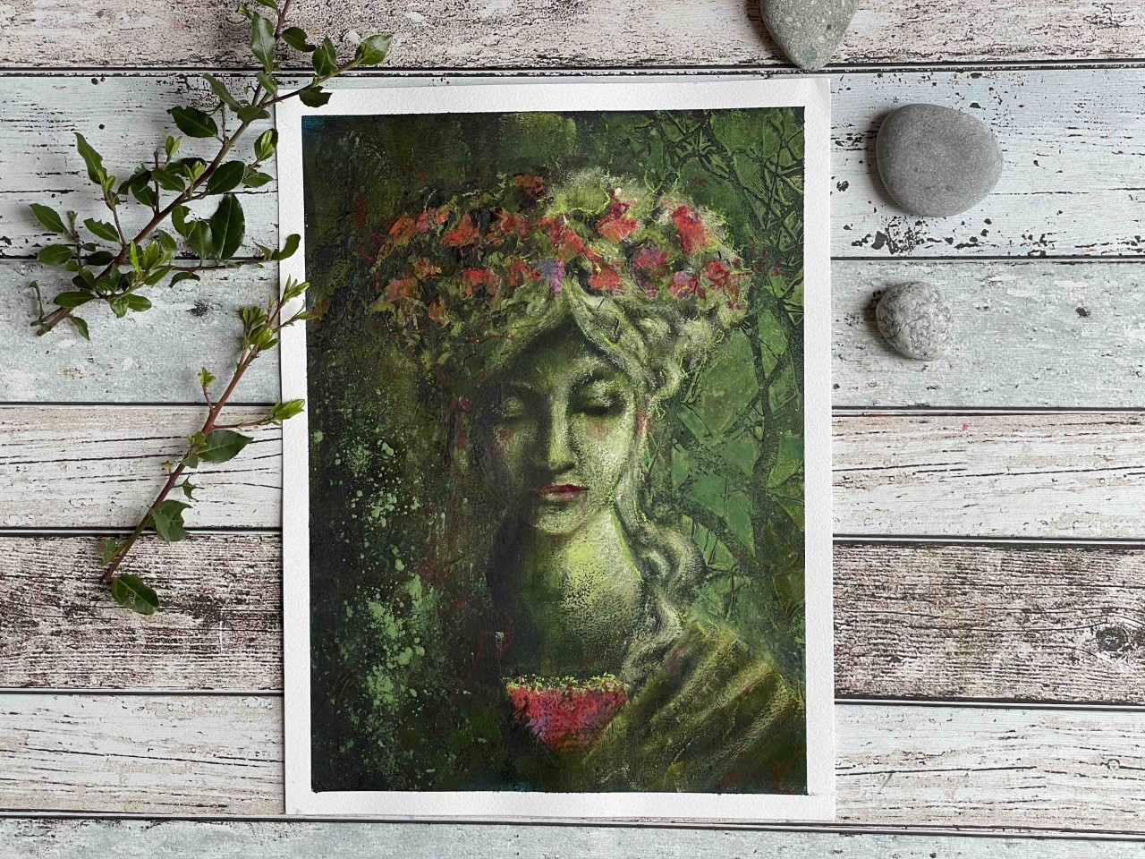 Expressive statue portrait painting in cold wax and oils with green tones