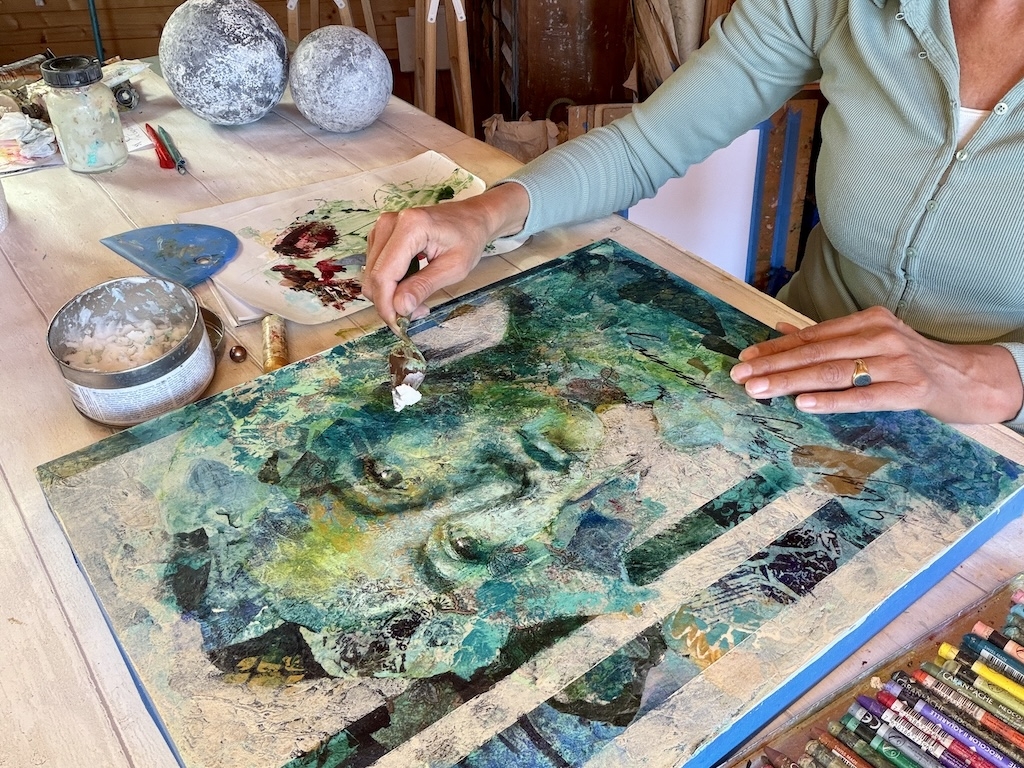 Textured portrait painting — layered expressive face in cold wax and acrylics