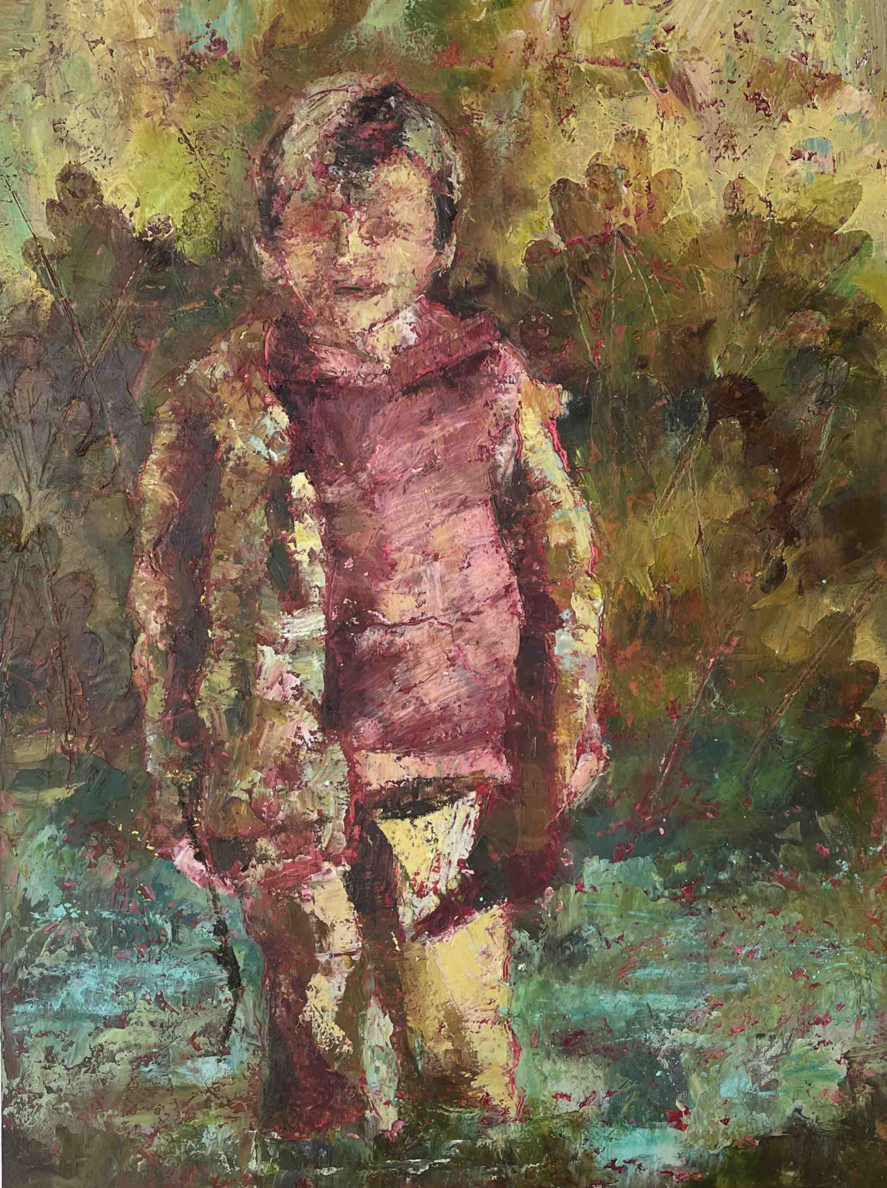 Detail of child portrait painting in cold wax and oils showing layered texture and expressive brushwork