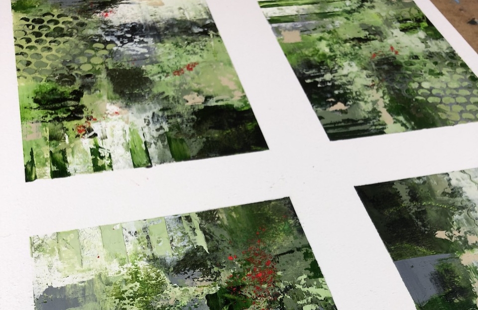 Four abstract mini paintings in cold wax and oils as warm-up exercise