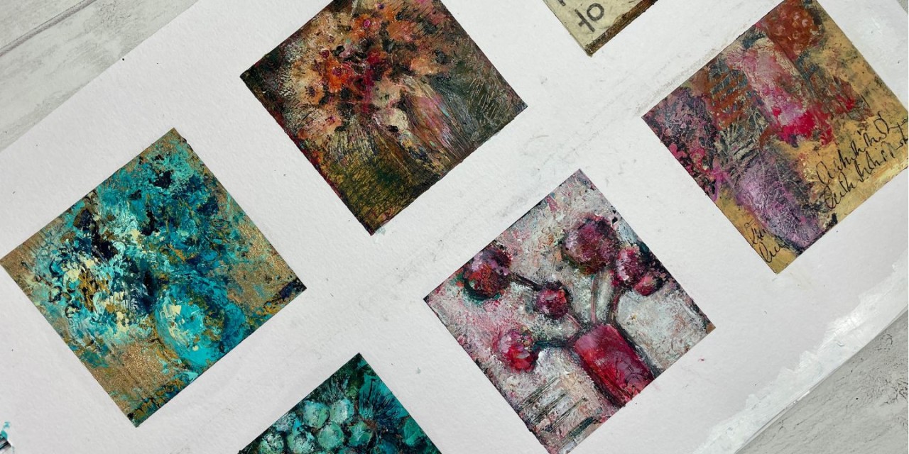 Mini flower paintings with layered techniques