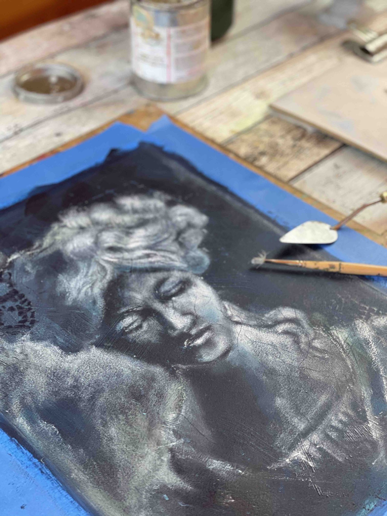 Monochrome underpainting of a statue in cold wax and oils