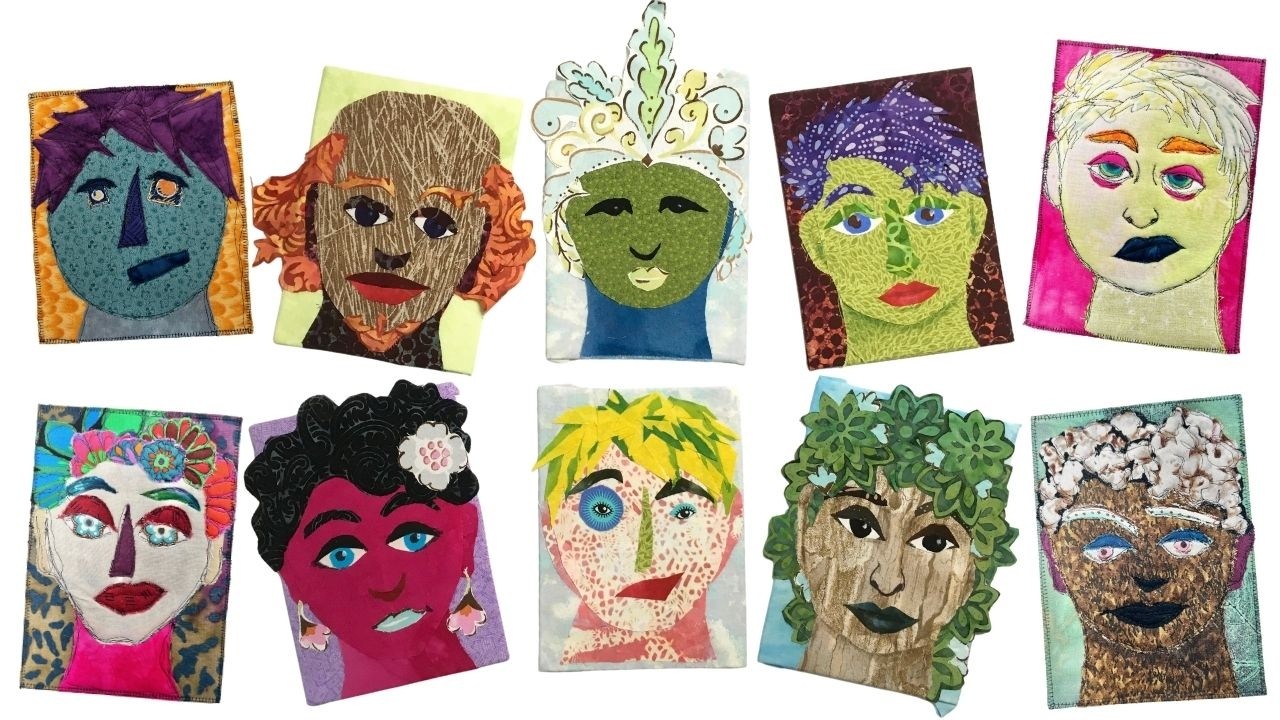 Ten handmade 5x7 fabric collage postcards showing colorful cartoon faces with mismatched features