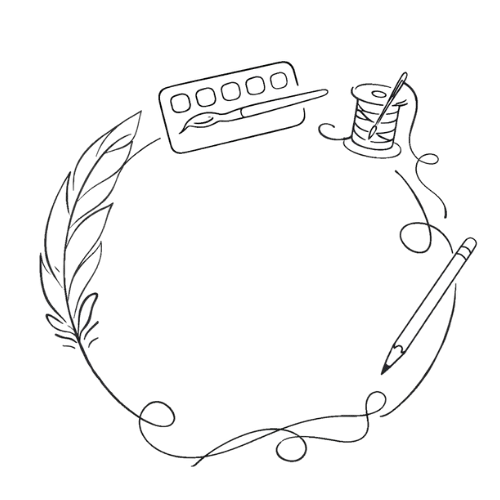 Glow Well Compass - line illustration depicting 'create' with a feather circle including pencil, needle and thread, watercolour palette and brush