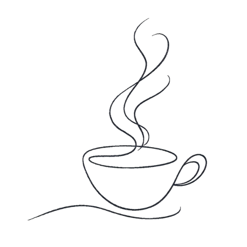 Glow Well Compass - line illustration of a piping hot cup of tea Glow Well Compass - line illustration of a piping hot cup of tea with steam spirals rising upwards