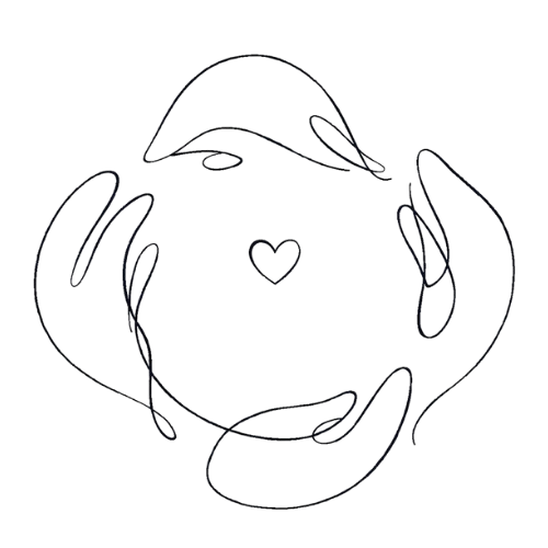 Glow Well Compass - line illustration to represent 'gather' in a circle of loosely-drawn hands with a heart in the centre