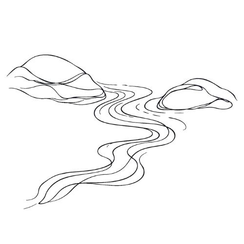 Glow Well Compass line illustration of a meandering stream against rocks Glow Well Compass line illustration of a meandering stream against rocks