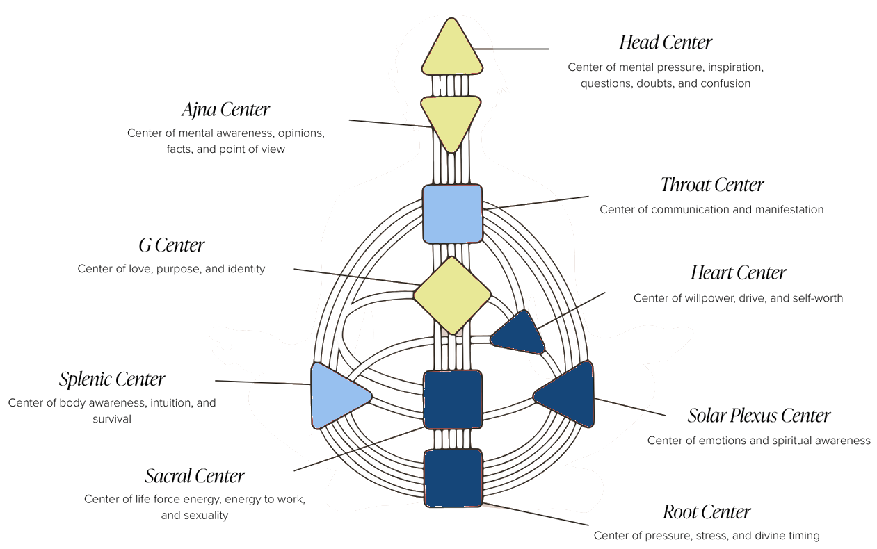 Human Design bodygraph illustration in cobalt blue and yellow brand colours showing the nine centres clearly.