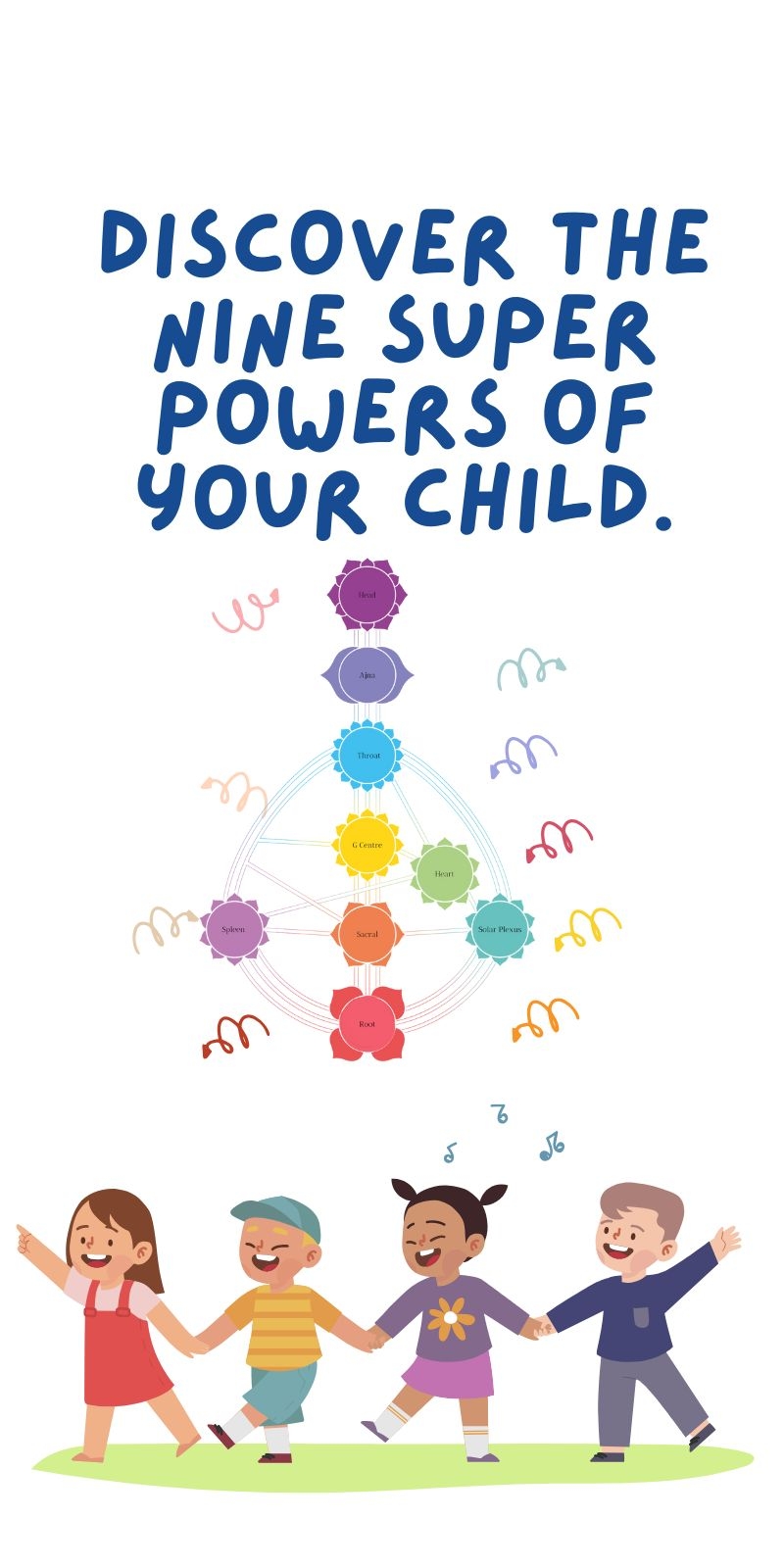 Human Design for children illustration with nine centres and happy kids exploring their unique energy.